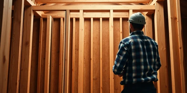 High-quality framing in construction with skilled workers assembling wooden supports for a building structure.