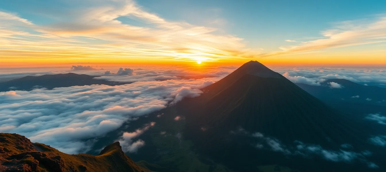 Spectacular sunrise over Mount Rinjani with lush slopes and volcanic crater, showcasing Indonesia's natural beauty.