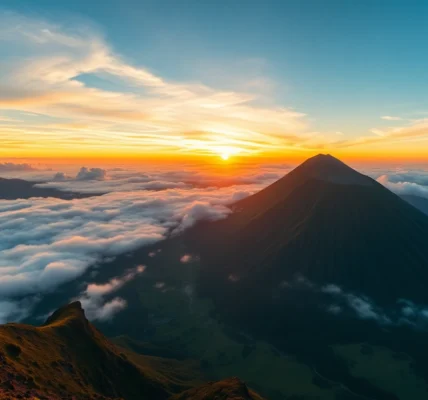 Spectacular sunrise over Mount Rinjani with lush slopes and volcanic crater, showcasing Indonesia's natural beauty.