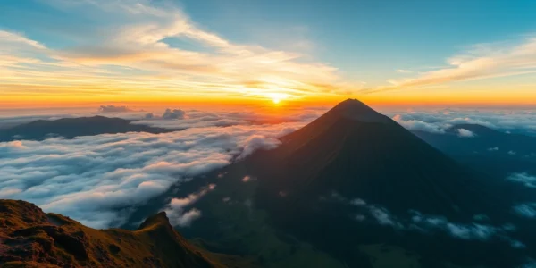 Spectacular sunrise over Mount Rinjani with lush slopes and volcanic crater, showcasing Indonesia's natural beauty.