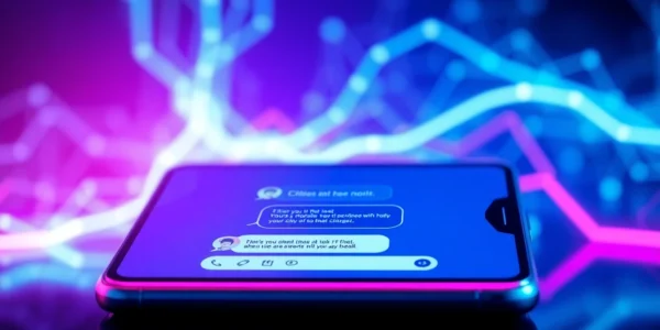 Futuristic AI chatbot interface on a modern device with neon accents and digital data streams in the background.