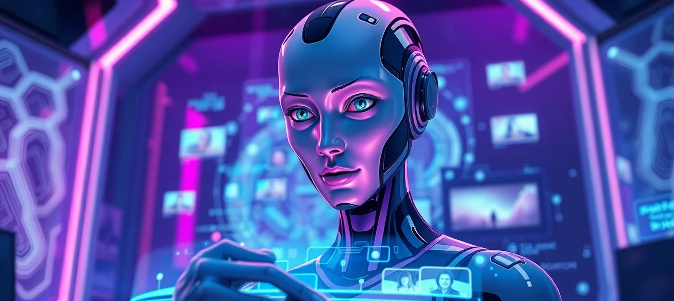 Futuristic AI studio with a humanoid AI interacting with holographic visuals in vibrant neon lighting.