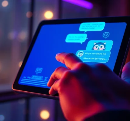 Futuristic digital interface with AI characters engaged in intimate conversation on a sleek device.