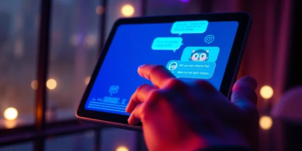 Futuristic digital interface with AI characters engaged in intimate conversation on a sleek device.