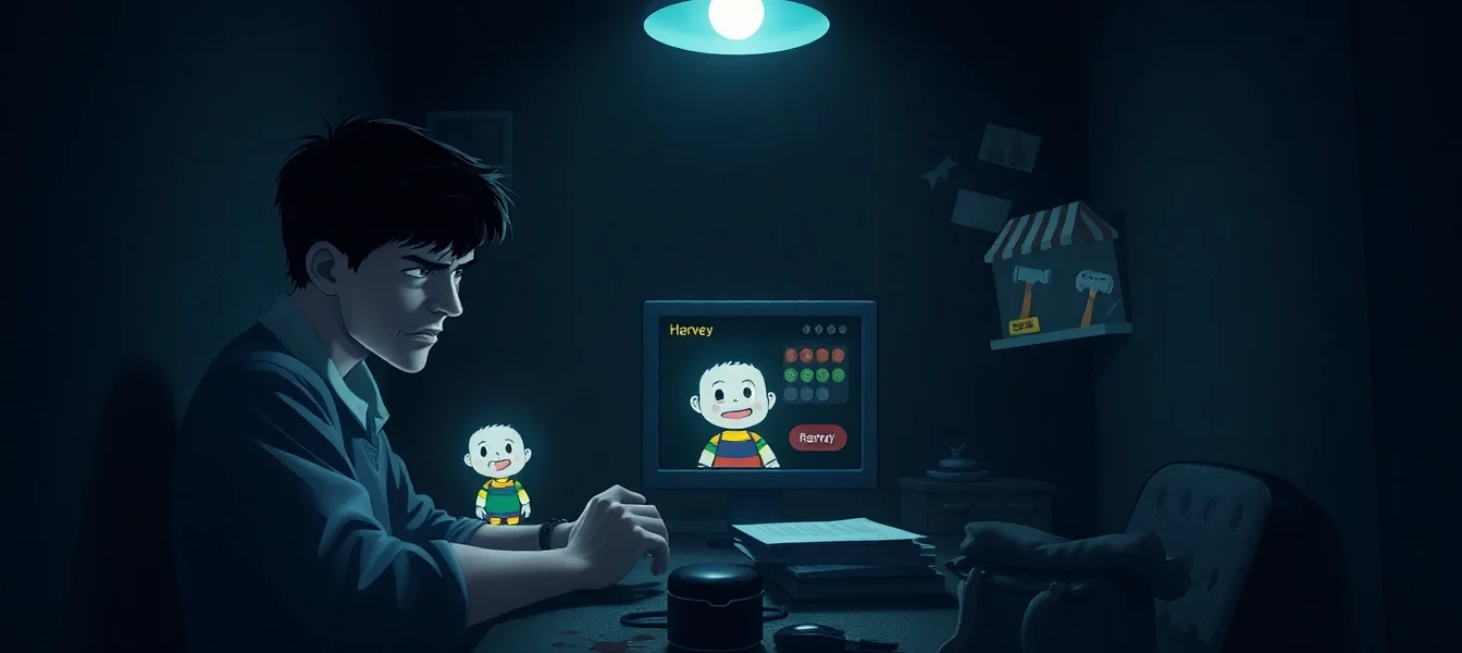 A distressed person clicking on a cheerful cartoon character in a dark, unsettling room, with ominous tools and shadows around.