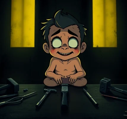 Distressed cartoon character Harvey surrounded by ominous tools in a dark, unsettling room.