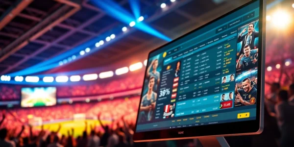 Digital sportsbook and casino interface with a lively sports stadium background, vibrant lights, and betting options displayed on screen.