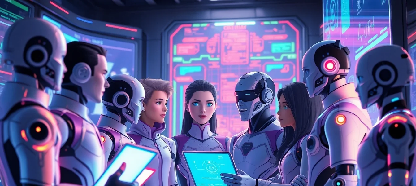 Futuristic digital environment with AI characters engaging in conversation, glowing holograms, and colorful data streams.