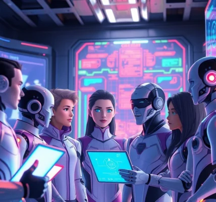 Futuristic digital environment with AI characters engaging in conversation, glowing holograms, and colorful data streams.