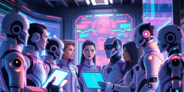 Futuristic digital environment with AI characters engaging in conversation, glowing holograms, and colorful data streams.