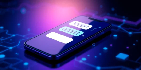 Futuristic AI chatbot interface on a smartphone with neon accents and digital data streams