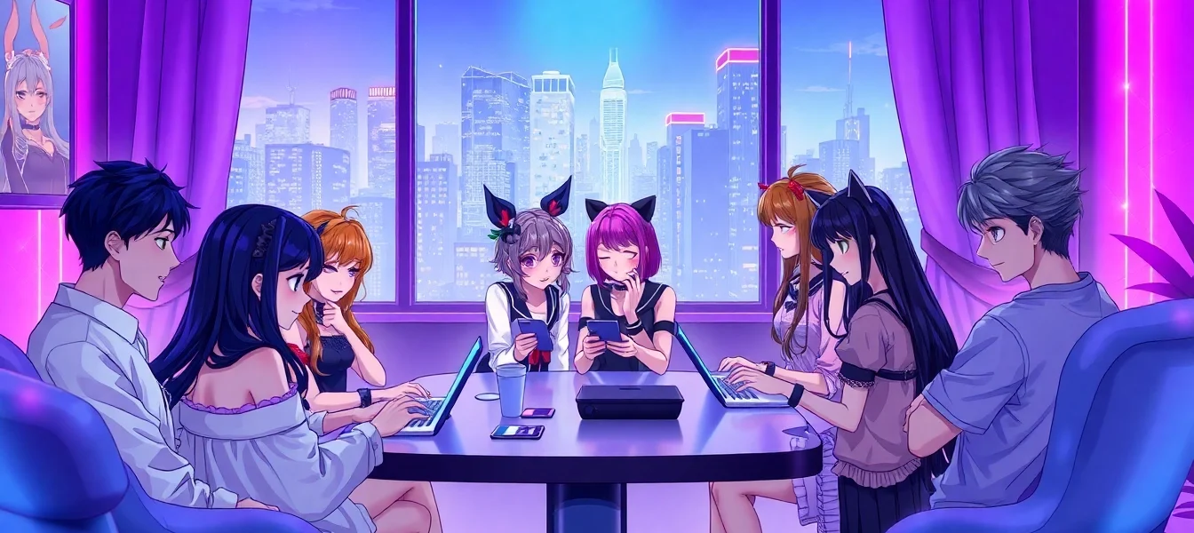 Anime-inspired characters engaging in lively digital chat in a modern, neon-lit room.
