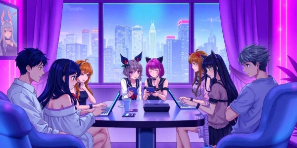 Anime-inspired characters engaging in lively digital chat in a modern, neon-lit room.