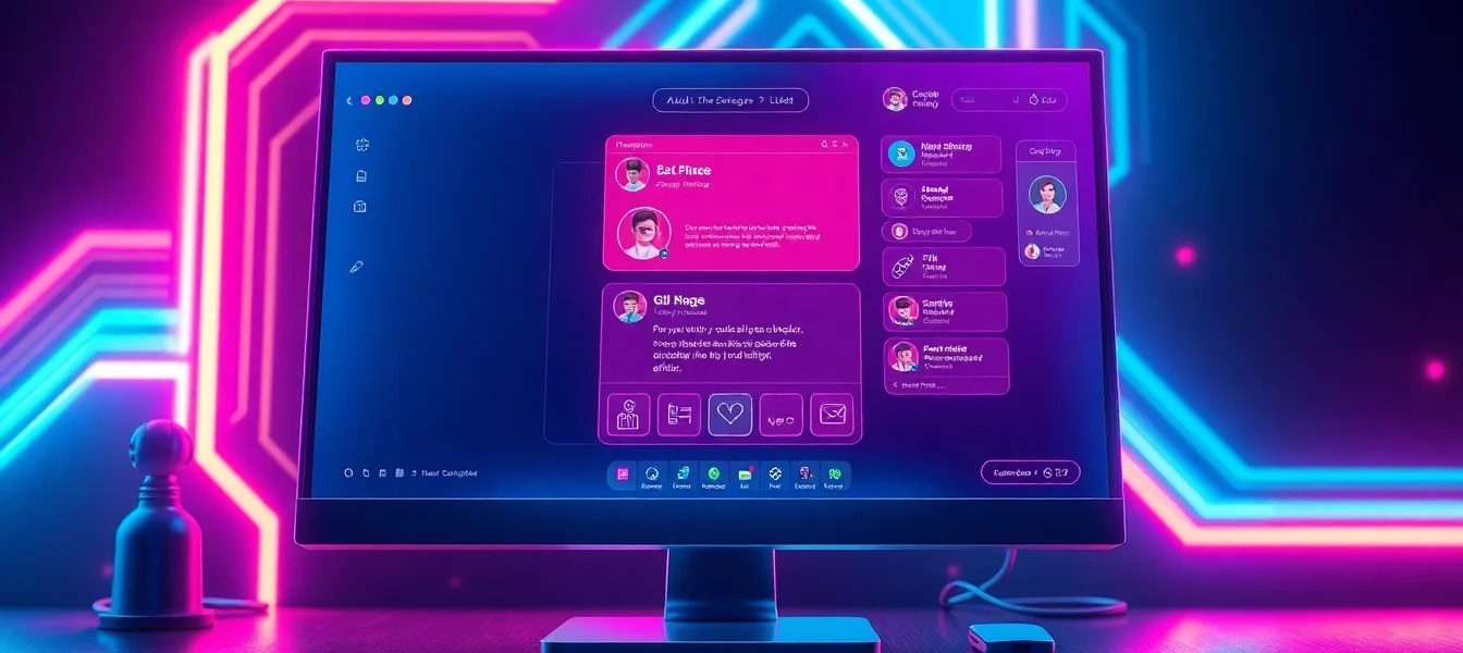 An illustration of a futuristic digital interface for an AI chatbot platform, with neon accents and customizable profiles.