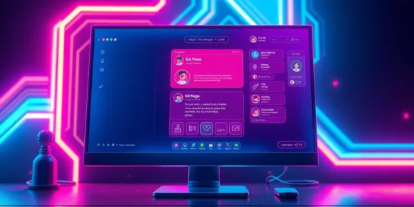 An illustration of a futuristic digital interface for an AI chatbot platform, with neon accents and customizable profiles.