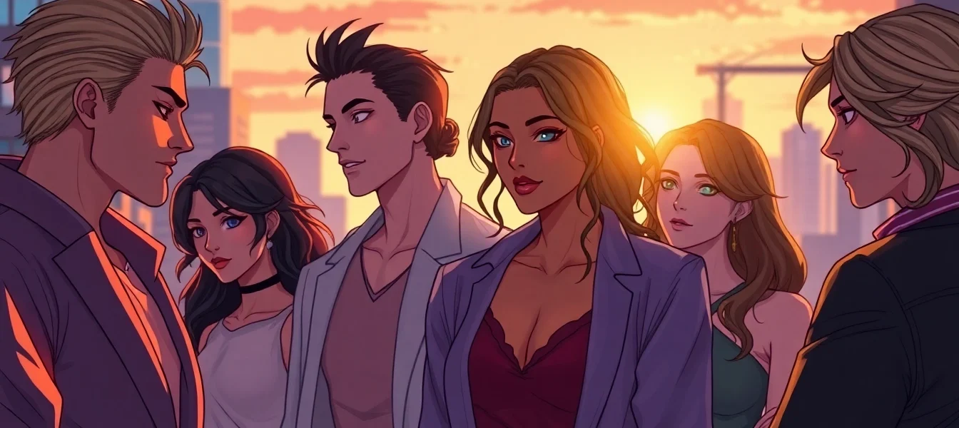 Illustration of diverse characters representing alpha, beta, and omega roles in a modern urban setting at sunset, showing emotional connection and nuanced dynamics.