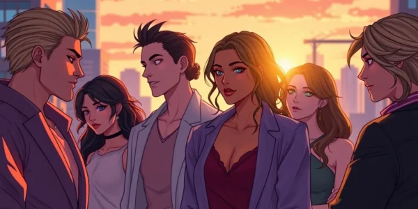Illustration of diverse characters representing alpha, beta, and omega roles in a modern urban setting at sunset, showing emotional connection and nuanced dynamics.
