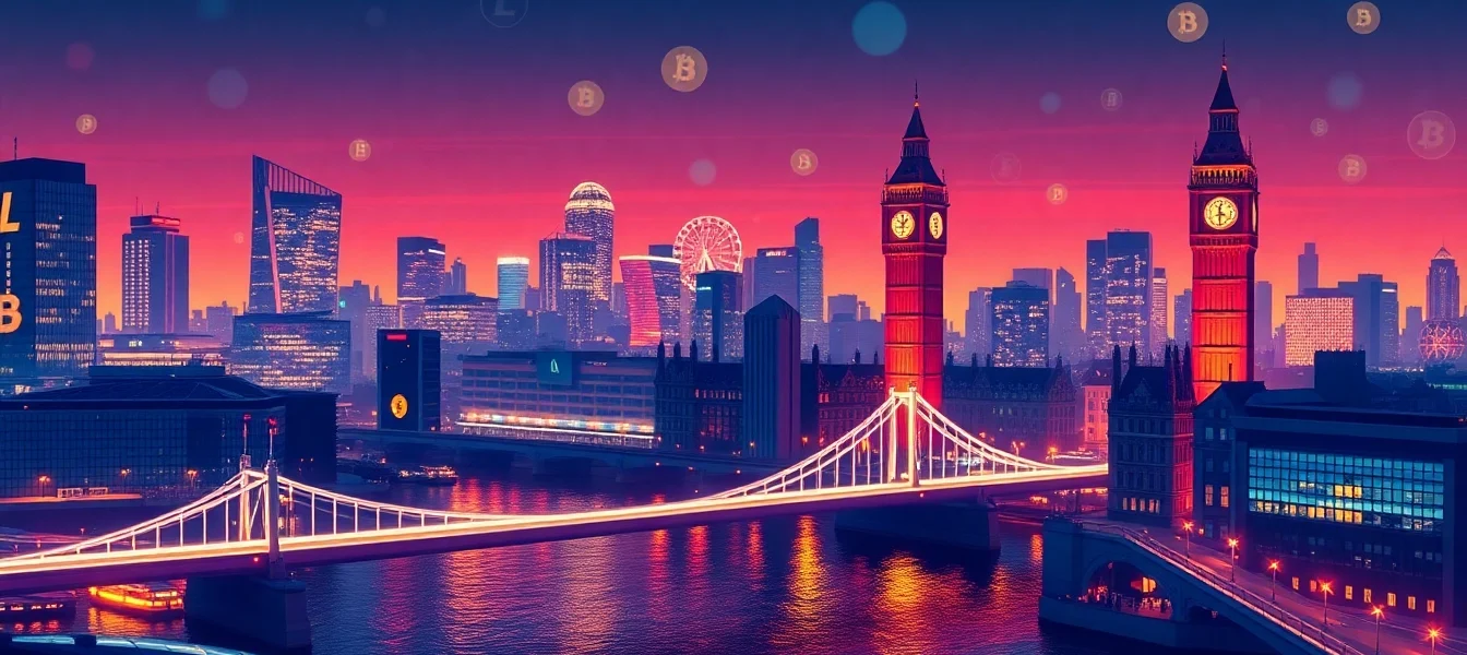 Cryptocurrency Trading News London features vibrant financial charts and crypto symbols over