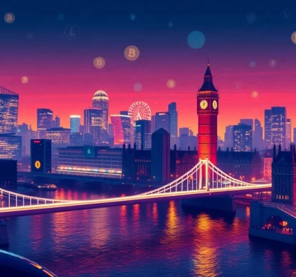 Cryptocurrency Trading News London features vibrant financial charts and crypto symbols over