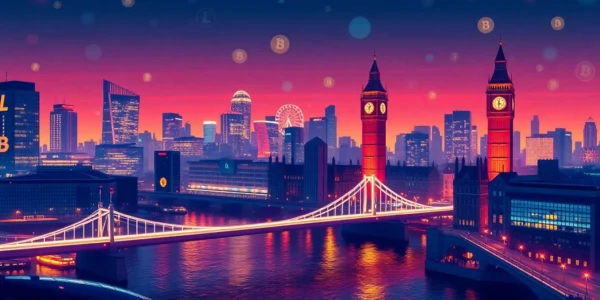 Cryptocurrency Trading News London features vibrant financial charts and crypto symbols over