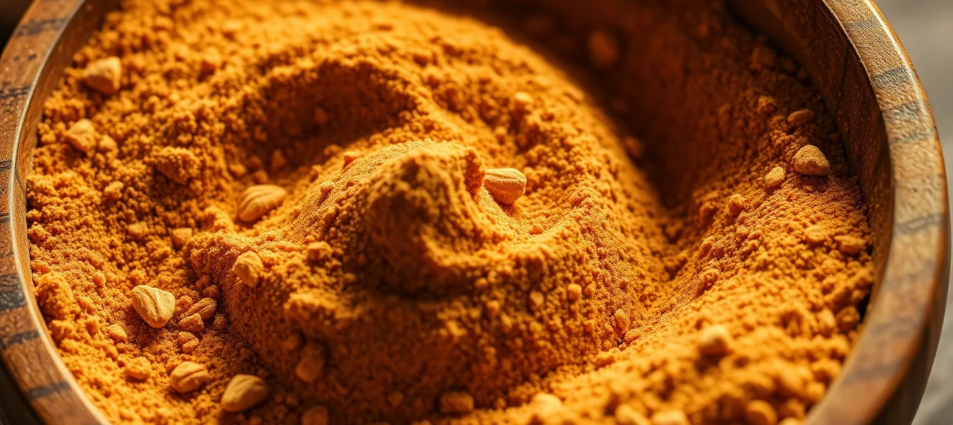 High-quality Nutmeg Powder being sprinkled into a wooden spoon for culinary use, emphasizing