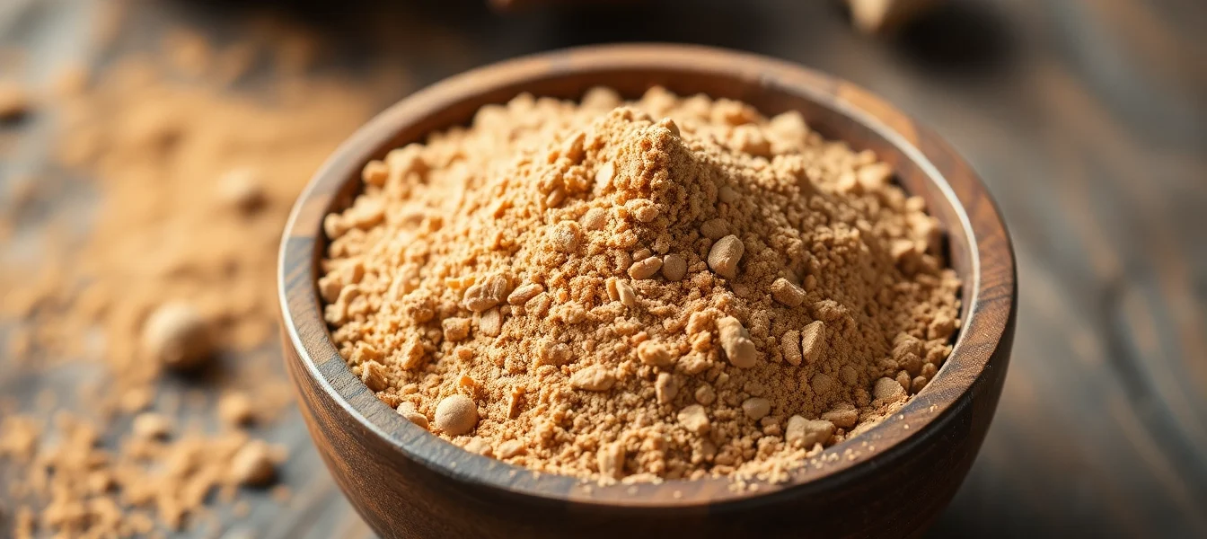 High-quality nutmeg powder in a bowl with fresh spices, showcasing rich texture and deep color
