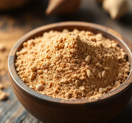 High-quality nutmeg powder in a bowl with fresh spices, showcasing rich texture and deep color