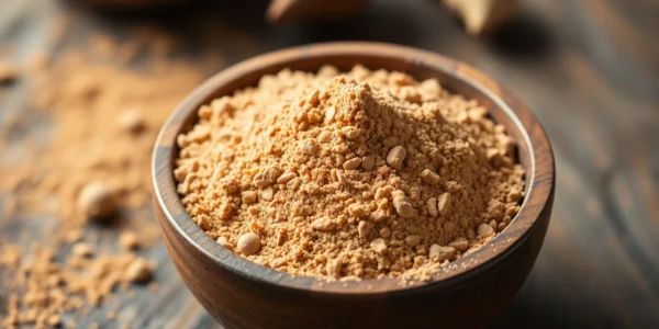 High-quality nutmeg powder in a bowl with fresh spices, showcasing rich texture and deep color