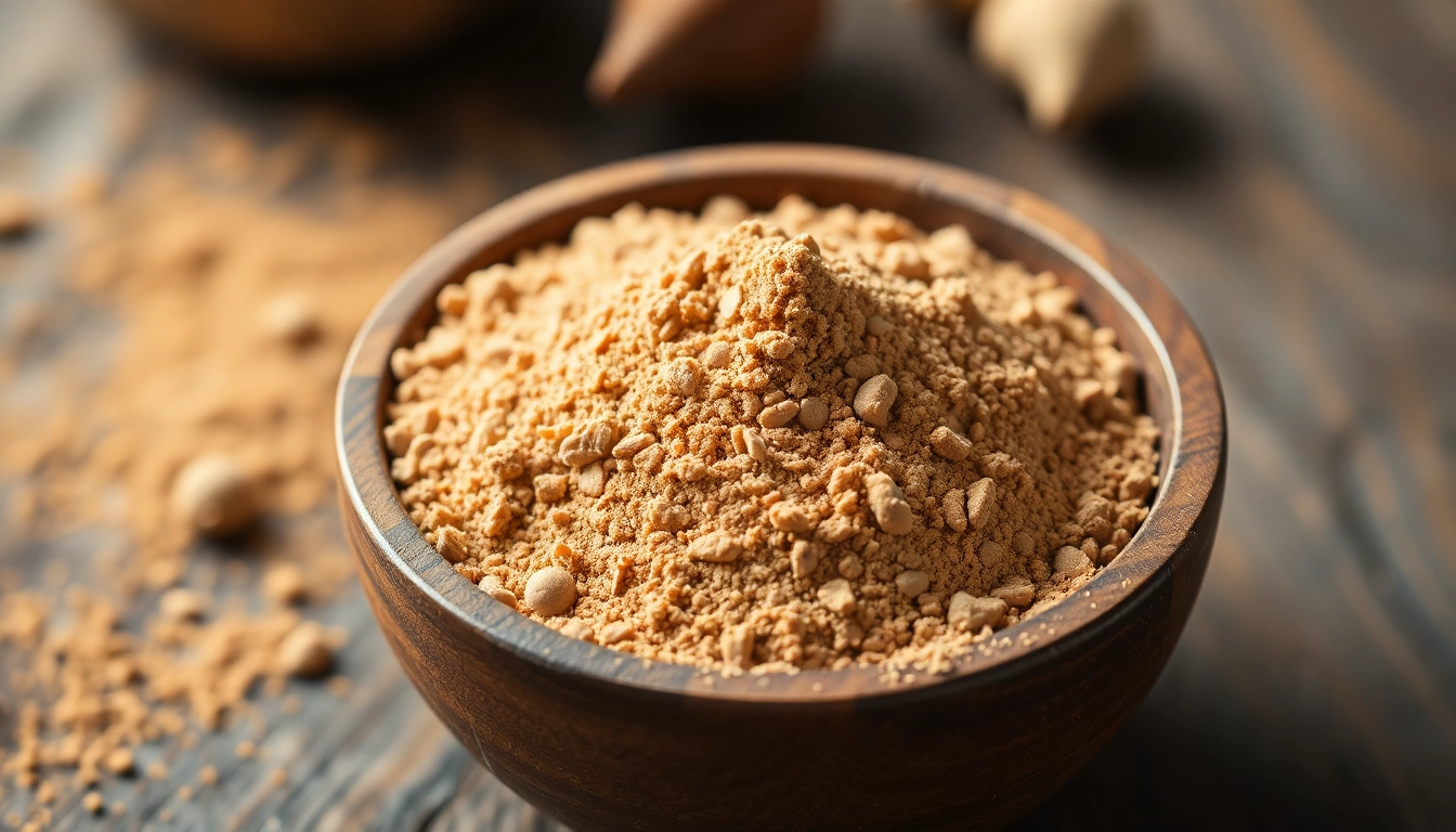 High-quality nutmeg powder in a bowl with fresh spices, showcasing rich texture and deep color